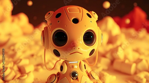 Obraz Cute yellow robot with big eyes in hybrid computing environment looks curious and futuristic in warm glowing setting
