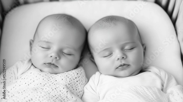 Obraz Black and white photograph of sleeping baby twins in a shared crib