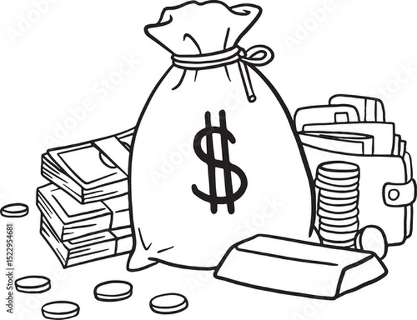 Obraz Hand-drawn illustration depicting a large money bag with a dollar sign, surrounded by stacks of banknotes, coins, a wallet, and a gold bar. This versatile icon set is ideal for themes related to wea
