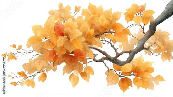 Fototapeta Autumn leaves on a branch with intricate detailing.