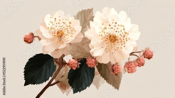 Fototapeta Delicate flowers with leaves and buds on a soft background.