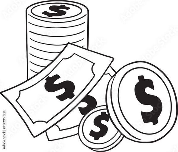 Obraz A collection of hand-drawn money and financial icons. This set includes various currency symbols, stacks of coins, banknotes, money bags, a wallet, and a credit card, perfect for illustrating finance,