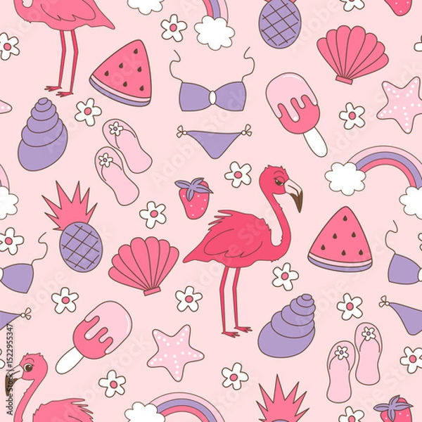 Fototapeta cute colorful seamless vector pattern background illustration with pineapples, flamingos, strawberry, ice cream, daisy flowers, watermelon, seashell and rainbow