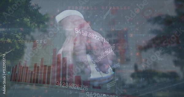 Obraz Image of numbers and graph over hand of caucasian man holding mouse and cityscape