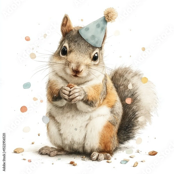 Fototapeta A cute squirrel wearing a party hat sits surrounded by colorful confetti, holding a small treat in its paws.