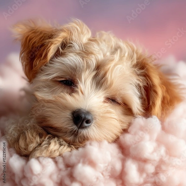 Fototapeta A fluffy puppy is peacefully resting on a soft pink blanket, with a dreamy pastel background.