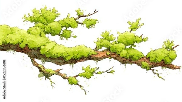Fototapeta A detailed illustration of a tree branch covered in lush green moss and small leafy growths, set against a white background.