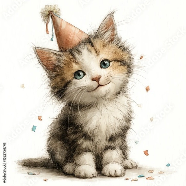 Fototapeta A cute kitten wearing a party hat sits surrounded by colorful confetti, looking up with bright, playful eyes.