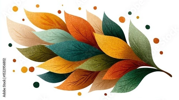 Fototapeta A cluster of colorful autumn leaves in various shades with dotted accents on a white background.