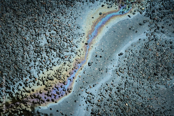 Fototapeta A colorful oil slick spreads across the wet pavement, showcasing vibrant hues under soft light. Water droplets magnify the colors, creating an artistic urban display.