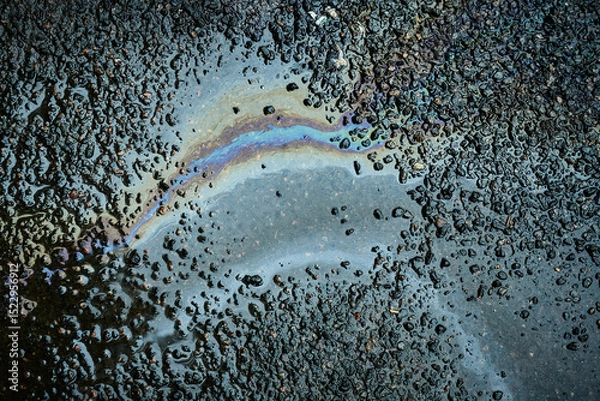 Fototapeta Colorful gasoline spill creating a rainbow effect on wet asphalt, highlighting environmental pollution.