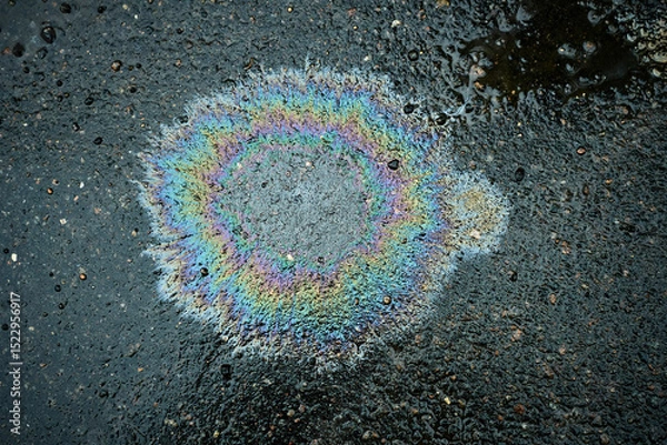 Fototapeta Iridescent gasoline spill creates a colorful, rainbow-like pattern on wet asphalt, highlighting environmental pollution