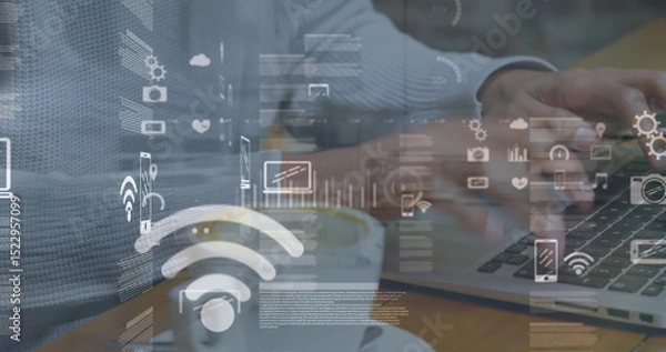 Obraz Image of data processing over caucasian man using laptop