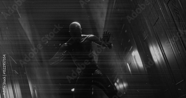 Obraz Image of black and white scratched film of scary figure in dark corridor holding head in pain