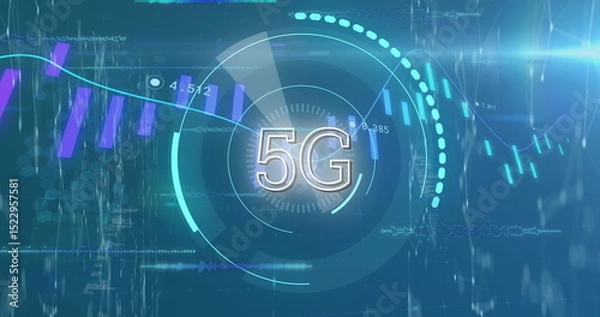 Obraz Digital image of 5g text in circular graphical scanner over moving candlestick chart graph