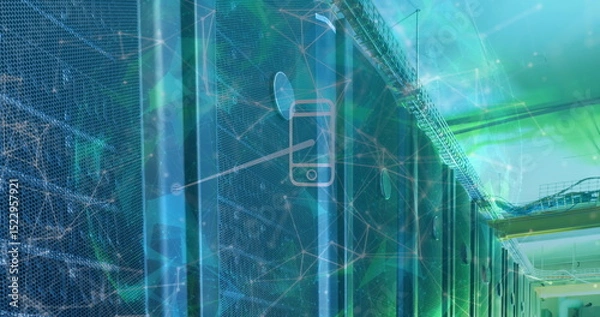 Obraz Image of globe, connections and smartphone icons over servers