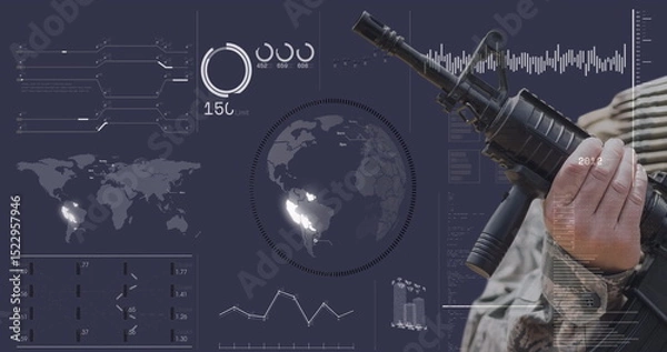 Obraz Image of hand of soldier holding gun over globe and data processing on digital interface