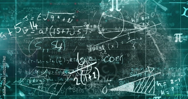 Obraz Image of digital science formula and math equation moving against grid pattern