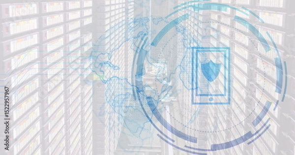 Obraz Image of globe and smartphone with digital shield over servers