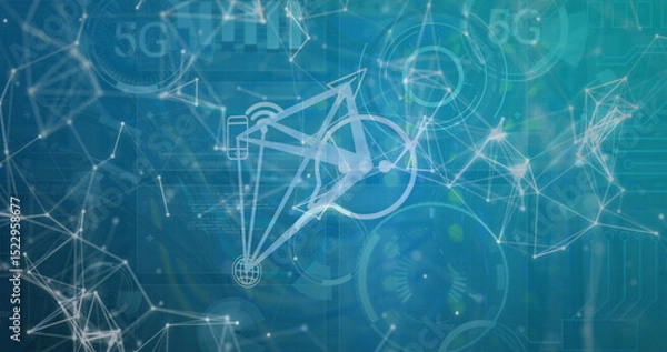 Fototapeta Image of computer icons and dots interconnecting with lines and circles with 5g text