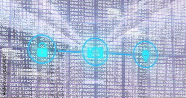 Obraz Displaying blue padlock share user icons floating over purple gradient, with numeric code