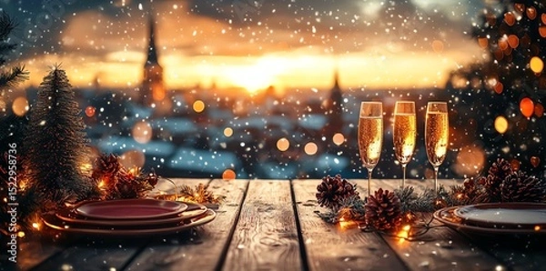 Fototapeta Cozy winter dinner setting with snow and sunset backdrop.