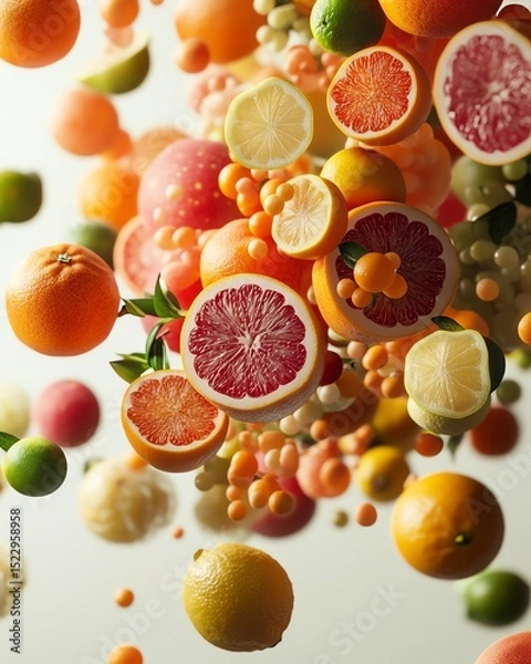 Fototapeta Colorful assortment of floating fruits and citrus slices.