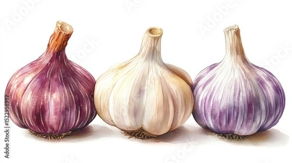 Fototapeta Three types of garlic bulbs arranged in a row.