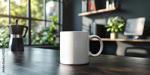 Fototapeta A blank mug on a wooden table with a coffee maker and greenery in the background.