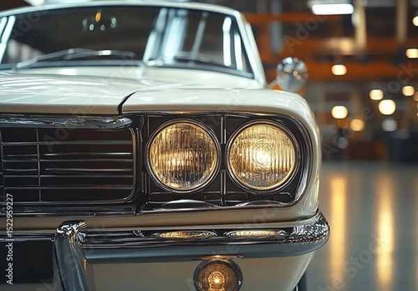 Fototapeta Classic car front with headlights and chrome details in a modern setting.
