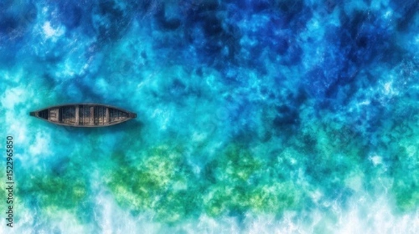 Obraz Aerial view of a small boat on vibrant turquoise water