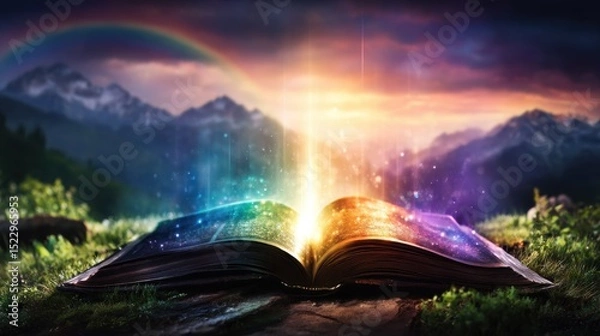 Obraz An open book with magical light illuminating a mountain landscape at dusk