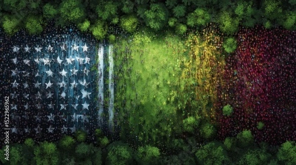 Obraz Aerial view of diverse crowd forming flags amid trees