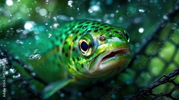 Obraz A vibrant fish caught in a net, surrounded by water splashes