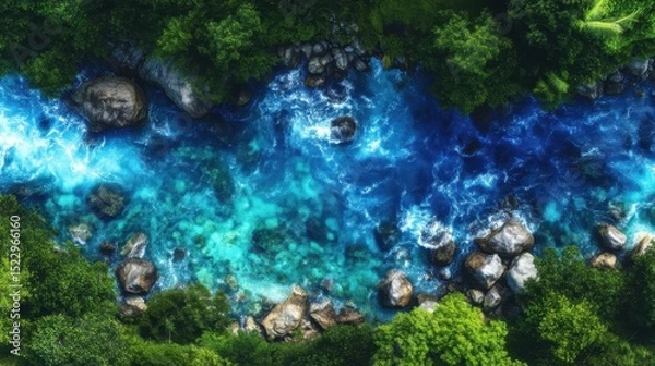Obraz Aerial view of a turquoise river winding through lush green forest