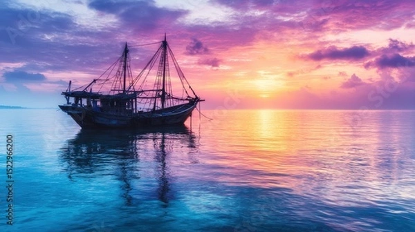 Obraz A vintage ship at sunset. Calm seas reflect vibrant colors
