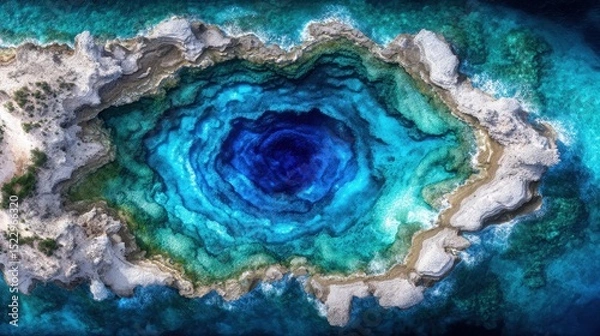 Obraz Aerial view of a vibrant turquoise and blue sea cave in a rocky island