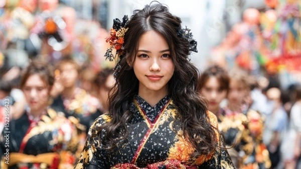 Obraz A woman in traditional Japanese attire.  Smiling