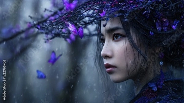 Obraz A woman in a forest adorned with purple flowers and butterflies