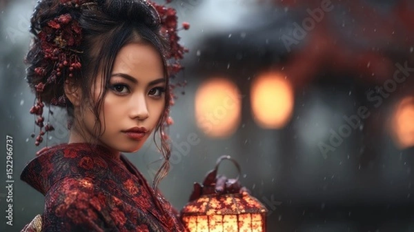Obraz A woman in traditional Japanese attire, holding a lantern