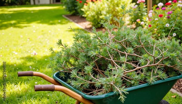 Obraz Garden wheelbarrow filled with trimmed branches in vibrant backyard  