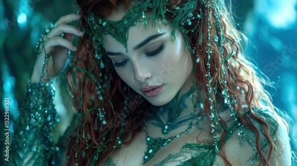 Obraz A woman with elaborate greenery and water-like adornments, posing thoughtfully in a mystical forest setting