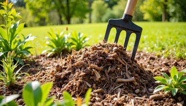 Obraz Gardening with pitchfork and mulch in sunny outdoor environment  