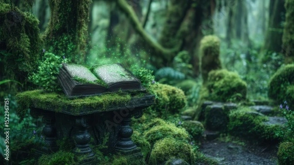 Obraz Aged book resting on mossy stone in mystical forest