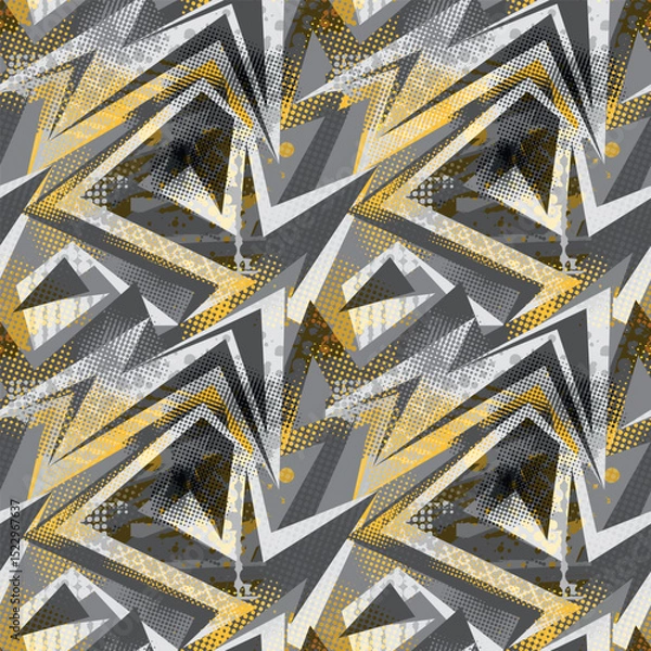 Obraz Seamless abstract pattern with angular geometric shapes, halftone dots, and grunge textures in yellow, black, gray. Urban and comics style wall print for streetwear, posters, sport textile