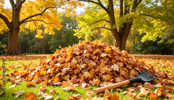 Obraz Pile of autumn leaves with rake on grassy lawn in sunny park  