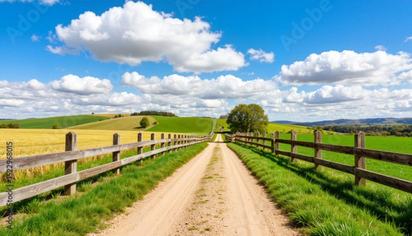 Obraz Dirt road leading through green fields under a blue sky with clouds  