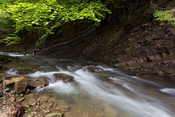 Obraz Waterfall in the mountains, river rapids, fast flow, Scenic view of pristine Carpathian nature with crystal clear water cascading over mossy rocks. Photo wallpaper, beauty of nature and the Earth.