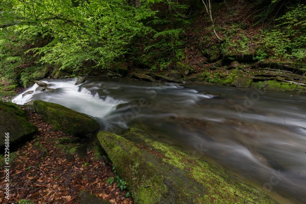 Obraz Waterfall in the mountains, river rapids, fast flow, Scenic view of pristine Carpathian nature with crystal clear water cascading over mossy rocks. Photo wallpaper, beauty of nature and the Earth.