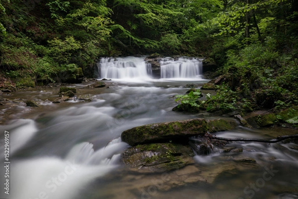 Obraz Waterfall in the mountains, river rapids, fast flow, Scenic view of pristine Carpathian nature with crystal clear water cascading over mossy rocks. Photo wallpaper, beauty of nature and the Earth.